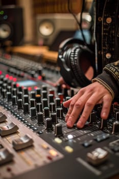 A person is using a mixer to mix music in the studio