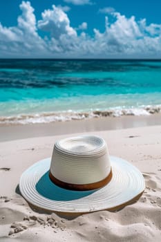 A white hat on the beach with blue water in background