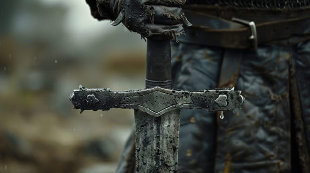 A close up of a person holding an old fashioned sword