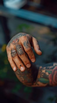 A man with a tattooed hand holding up his middle finger