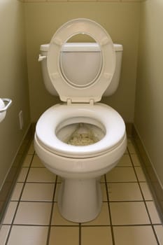 A white toilet with a window in the bowl and tiled walls