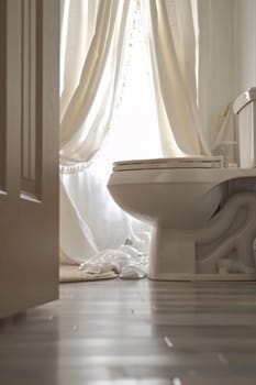 A toilet sitting in a bathroom with curtains and flooring