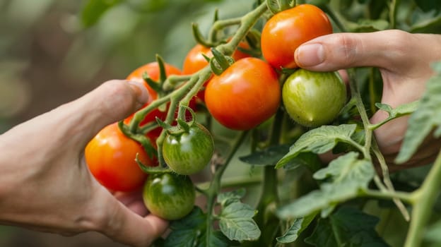Two hands reaching for a tomato on the vine