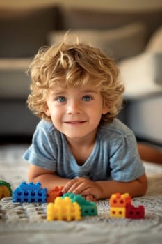 A young boy laying on the floor with a toy truck