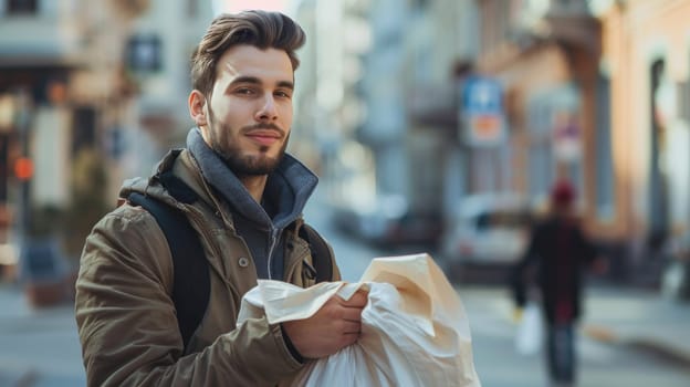 A man in a brown jacket holding something on the street