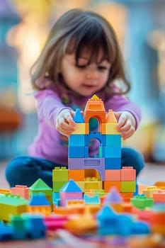 A little girl playing with a large stack of colorful blocks