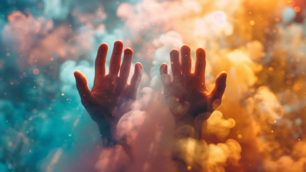 Two hands are reaching out of a colorful cloud