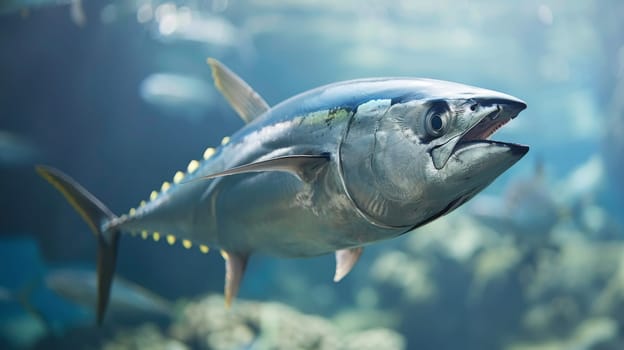 A large fish swimming in the ocean with a blue sky