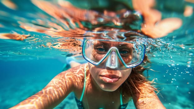 A woman wearing a snorkel and goggles underwater