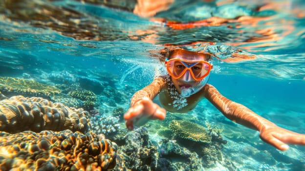 A young boy swimming in the ocean with goggles on