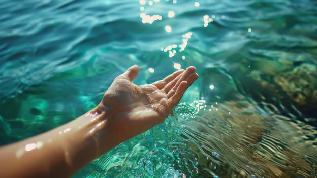 A person's hand reaching out to the water in a clear blue ocean