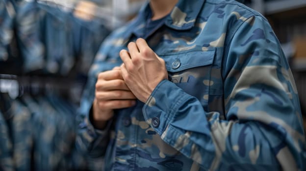 A man in blue uniform adjusting his shirt while standing