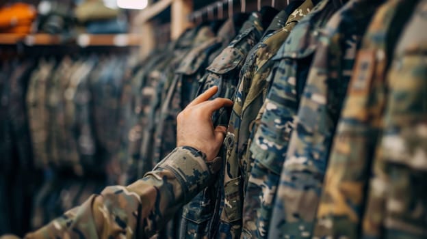 A person is looking at a rack of camouflage clothing