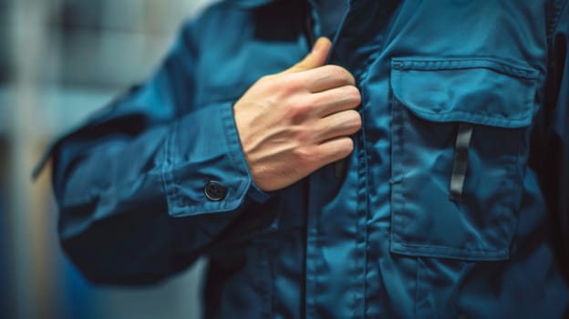 A man in a blue jacket adjusting his tie while standing