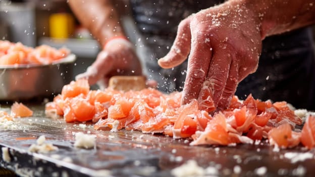 A person cutting up a bunch of fish on top of some other stuff