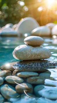 A stack of rocks in a pond with water and sunlight