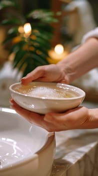 A person holding a bowl of water with soap in it