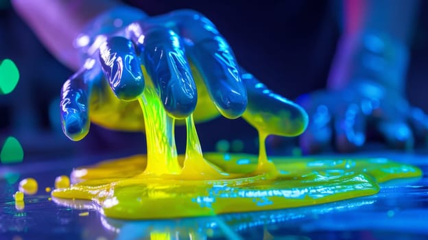 A person's hands are covered in yellow liquid on a table