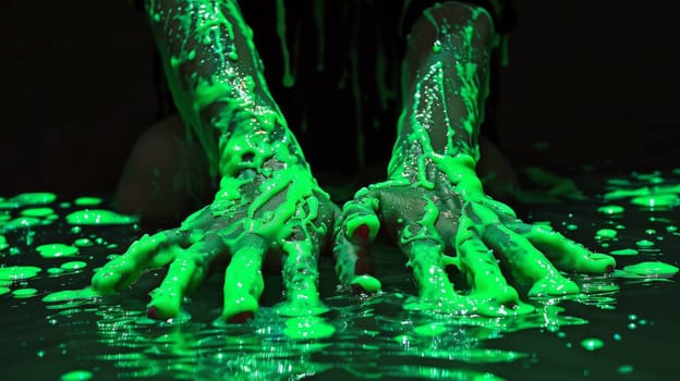 A person's hands covered in green slime with a black background