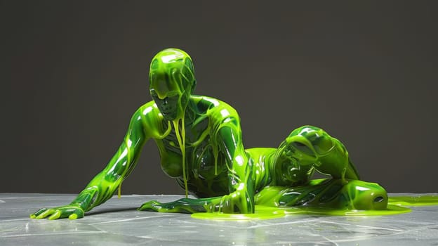 A sculpture of a woman laying on her back with green liquid dripping from her body