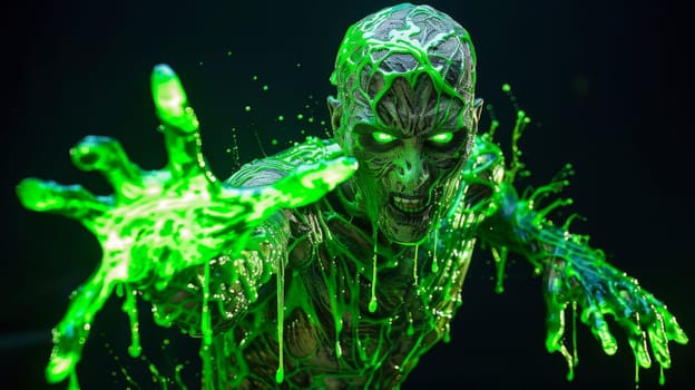 A man in green paint with glowing hands and arms