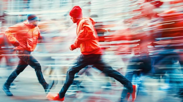 A blurry image of two people running in the street