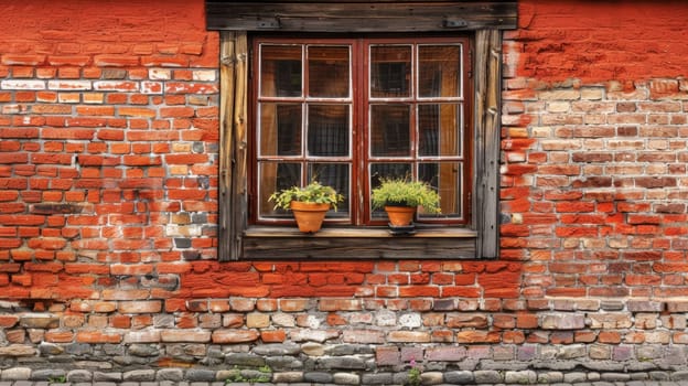 A brick wall with a window and two potted plants