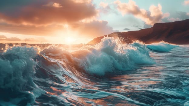 A wave crashing into the shore at sunset with a mountain in background