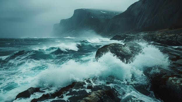 A large wave crashing over a rocky shoreline near the ocean
