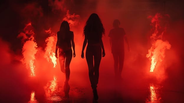 A group of people walking through a fire with smoke