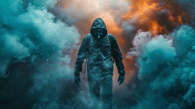 A man in a gas mask standing next to clouds and smoke