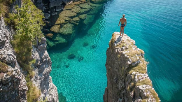 A man standing on a cliff overlooking the ocean