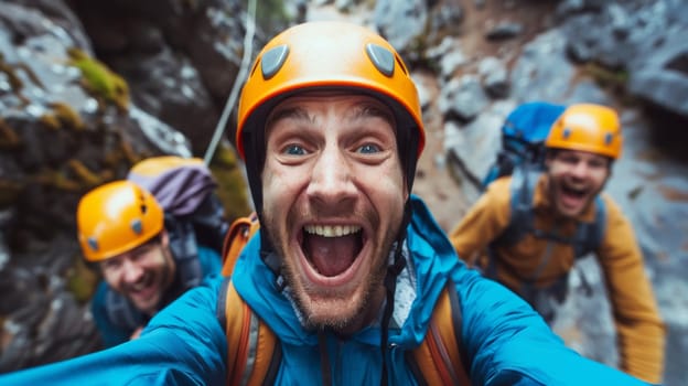 A group of three men are smiling while climbing a mountain