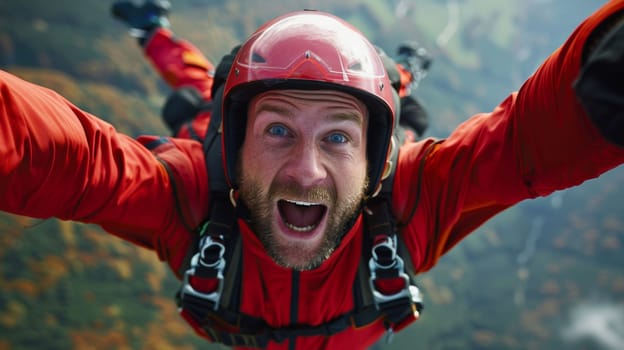 A man in a red helmet and jacket flying through the air