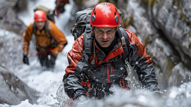 A group of a man wearing an orange helmet and red jacket is climbing up rocks