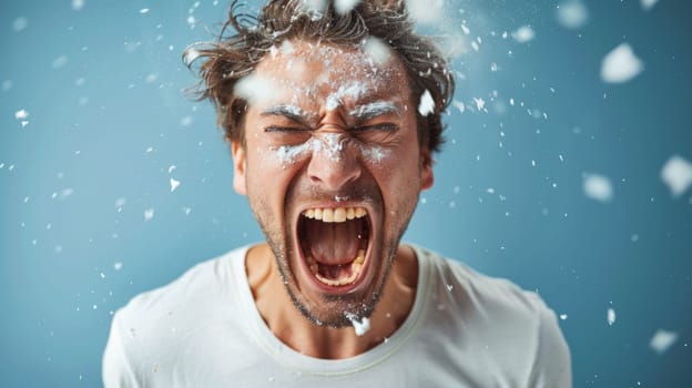 A man with white shirt and a mouth full of snow