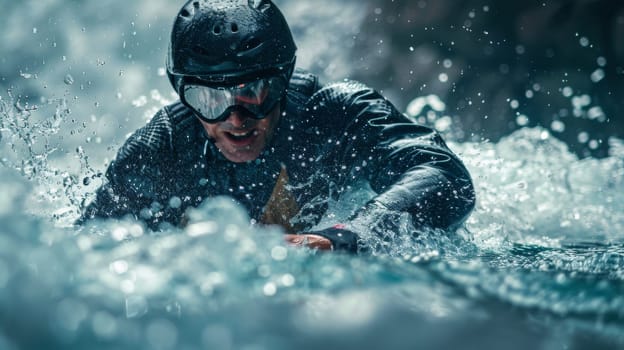 A man in a helmet and goggles riding on top of waves