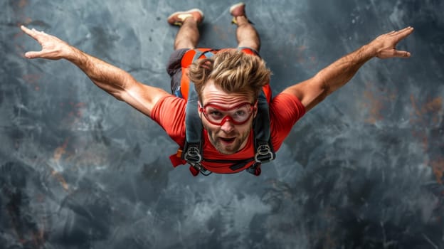 A man in red and blue jumpsuit with goggles on