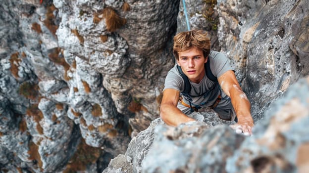 A man climbing a rock face with his hands on the wall