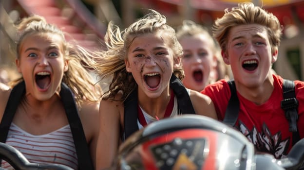 A group of young people riding a roller coaster with their mouths open