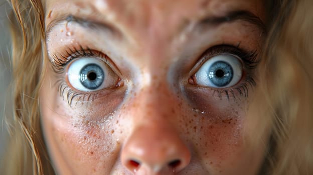 A woman with blue eyes and blonde hair is looking at the camera