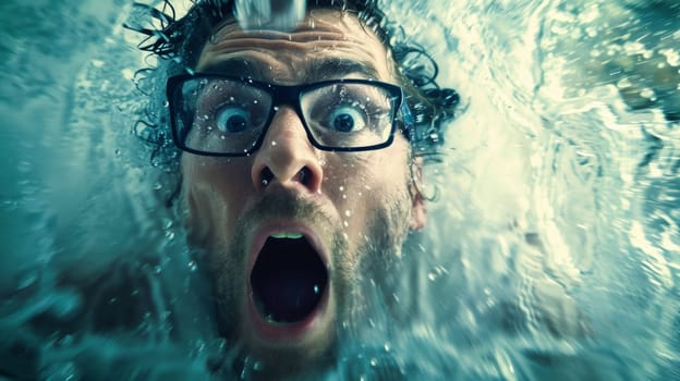 A man with glasses swimming underwater in a pool