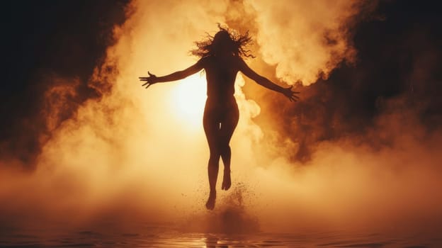 A woman jumping into a pool of water with smoke rising