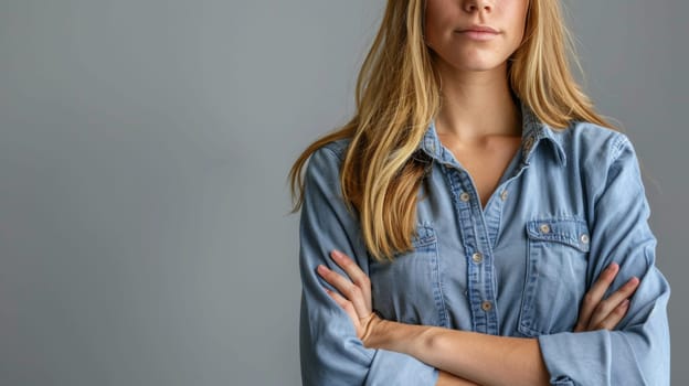 A woman in a denim shirt with her arms crossed