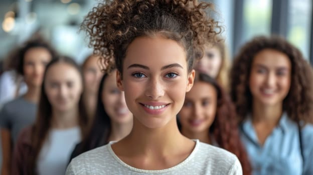 A group of women standing in a line with one smiling