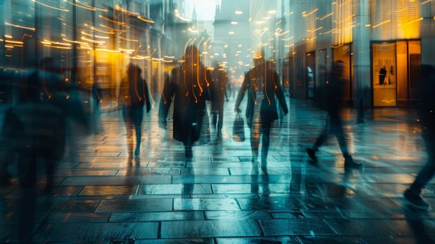 A blurry image of a group of people walking down the street