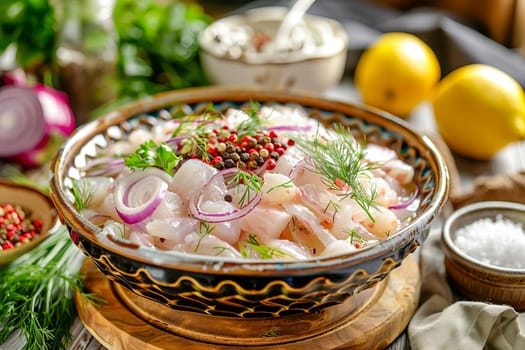 Sugudai, a traditional dish of peoples of the North, made from raw fish, with onions, vinegar, vegetable oil, salt, peppercorns, bay leaves, served on the table with lemon and dill.