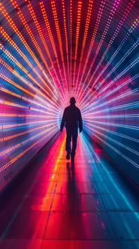 A man walking through a tunnel of lights with his back to the camera