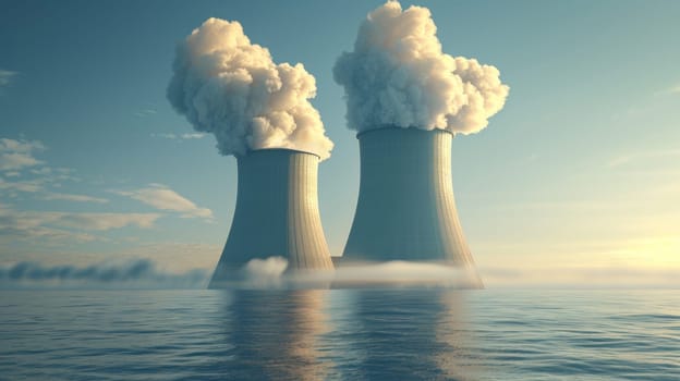 Two cooling towers in the ocean with smoke coming out of them