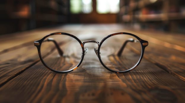 A pair of a close up shot of glasses on top of wood